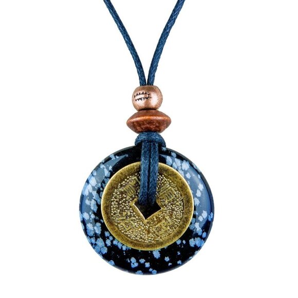 Snowflake Obsidian and Chinese Lucky Coin Necklace - Picture 1 of 5
